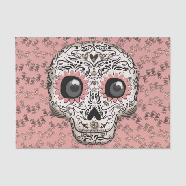Papier Mousseline Crâne en sucre rose et or, fête fantaisiste et mig (Recto)