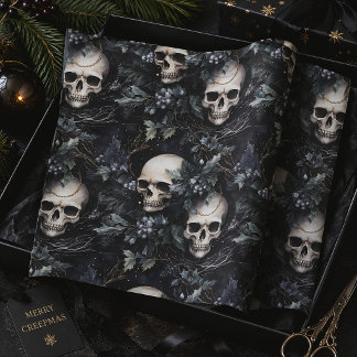 Papier Mousseline Crâne et houx gothiques de Noël sombre