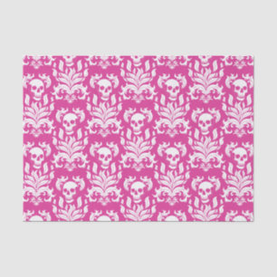 Papier Mousseline Crâne flamme Damas en blanc croustillant sur rose