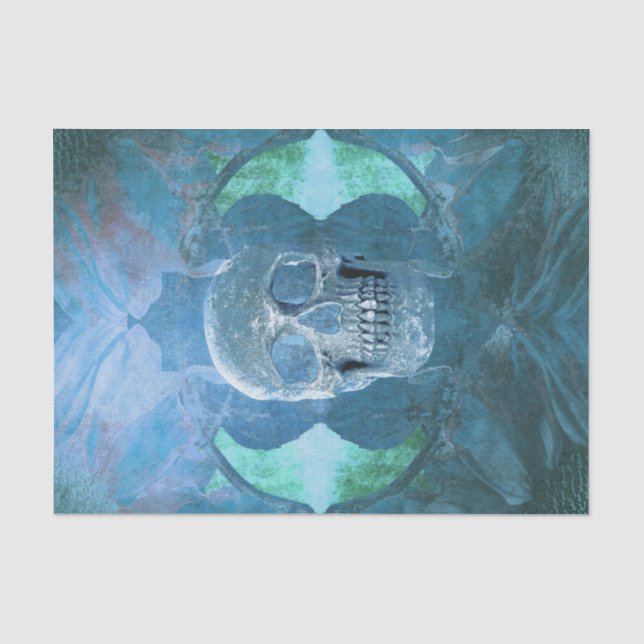 Papier Mousseline Crâne Gothique Floral Turquoise bleu Grunge Textur (Recto)