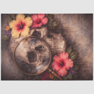 Papier Mousseline Crâne Vintage avec Loupe et Hibiscus