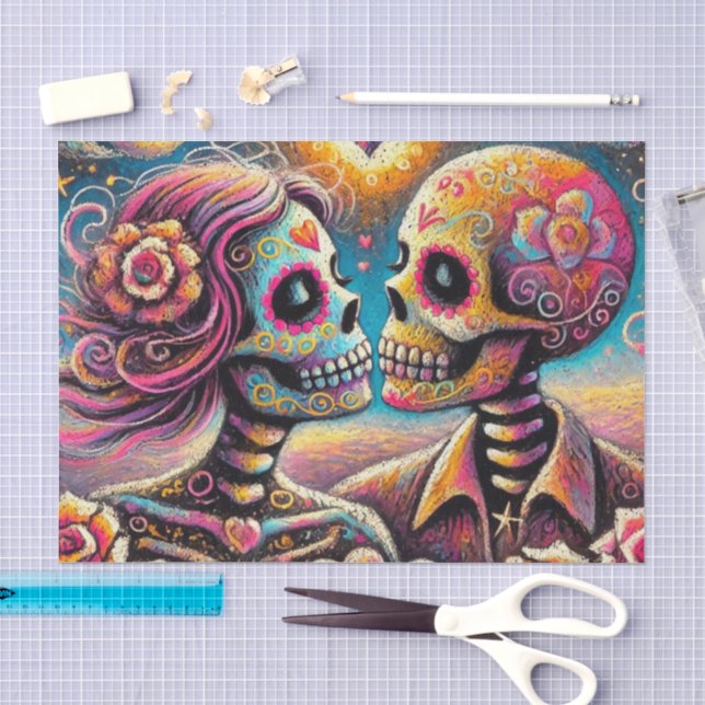 Papier Mousseline Crânes à sucre dans l'amour Chalk Pastel Decoupage (Artisanat)