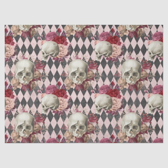 Papier Mousseline Crânes avec Roses et roses À damiers (Recto)