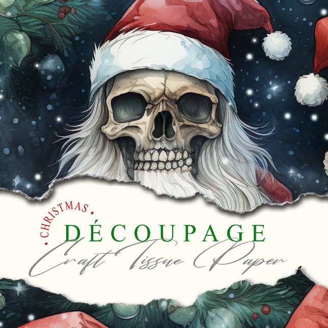 Papier Mousseline Crânes de Noël gothique de vacances en chapeaux de (Santa skulls in christmas hats, a gothic surprise. Perfect for decoupage and crafts this Christmas.)