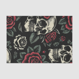 Papier Mousseline Crânes et roses rouges floraux gothiques