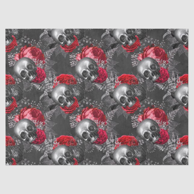 Papier Mousseline Crânes et roses rouges sur Découpage gris (Recto)