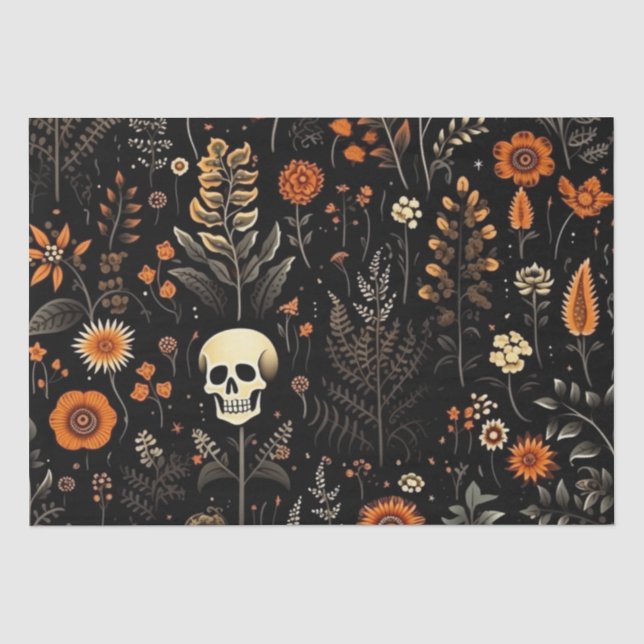Papier Mousseline Crânes Fleurs et verdure Halloween noir (Recto)