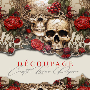 Papier Mousseline Crânes floraux Roses rouges gothique