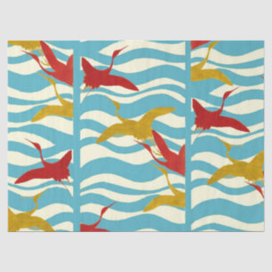 PAPIER MOUSSELINE CRANES ROUGES JAUNES VOLANT SUR DES VAGUES BLANCHE