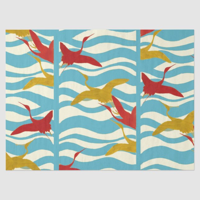 PAPIER MOUSSELINE CRANES ROUGES JAUNES VOLANT SUR DES VAGUES BLANCHE (Recto)