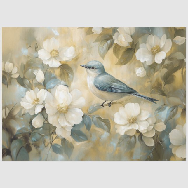 Papier Mousseline Crème Bleue Fleurs blanches Peinture Découpage (Recto)