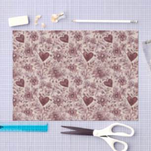 Papier Mousseline Crème Rouge Bourgogne Cœurs Fleurs Mariage