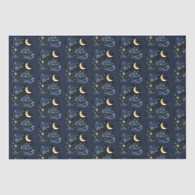 Papier Mousseline Crescent Moon Stars Céleste Blue Halloween (Recto)