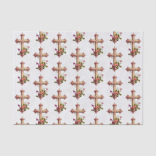 Papier Mousseline Croix en bois élégante avec motifs de fleurs roses