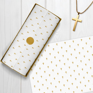 Papier Mousseline Croix - Faux Mustard Gold sur blanc