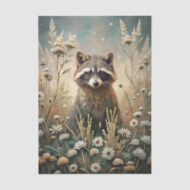 Papier Mousseline Curious Raccoon in a Forest Meadow with Flowers (Recto)