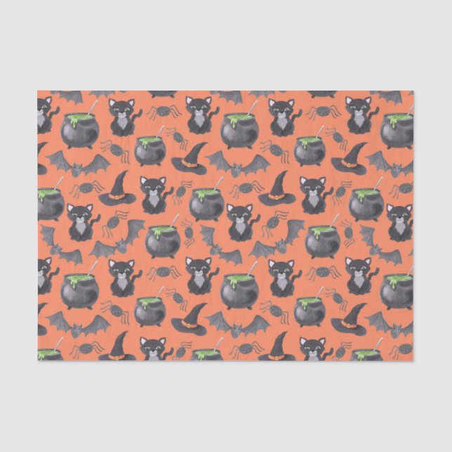 Papier Mousseline Cute aquarelle Halloween Chats et Cauldrons (Recto)