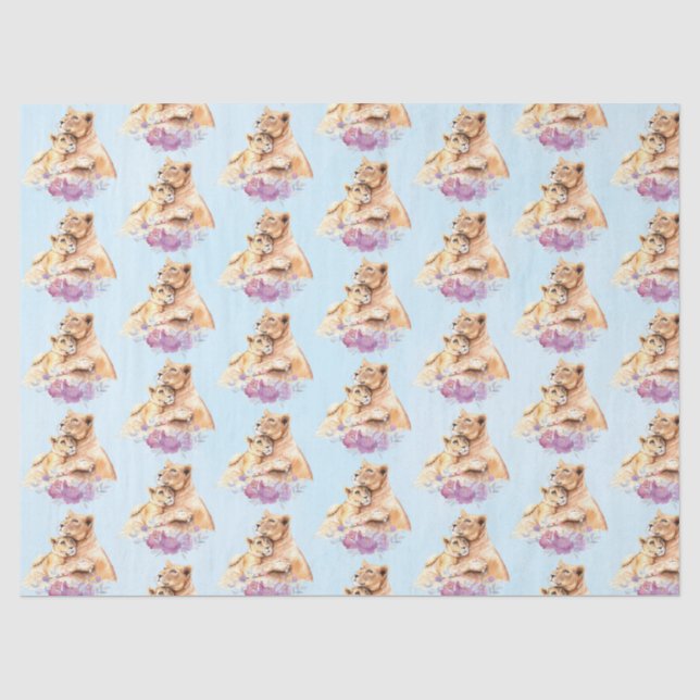 Papier Mousseline Cute Aquarelle Mère Lion & Motif Cub (Recto)