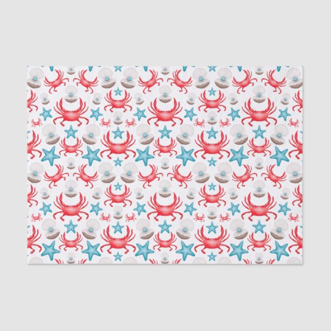 Papier Mousseline Cute Blue Coastal Seaside Crab & Shell Motif (Recto)