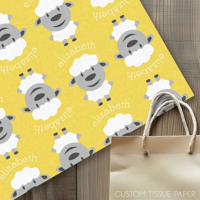 Papier Mousseline Cute Cartoon Farm Sheep - jaune et gris (Custom Tissue Paper)