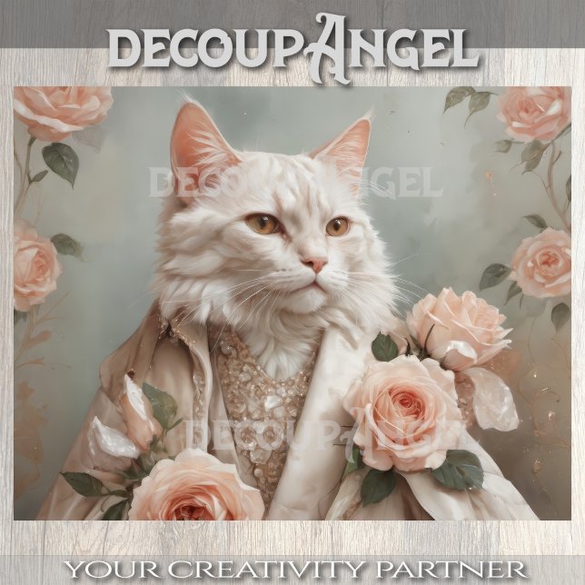 Papier Mousseline Cute Chat et Roses romantiques - Découpage - (Créateur téléchargé)
