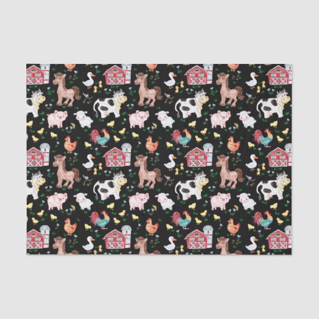 Papier Mousseline Cute Farm Animaux Barnyard Noir (Recto)
