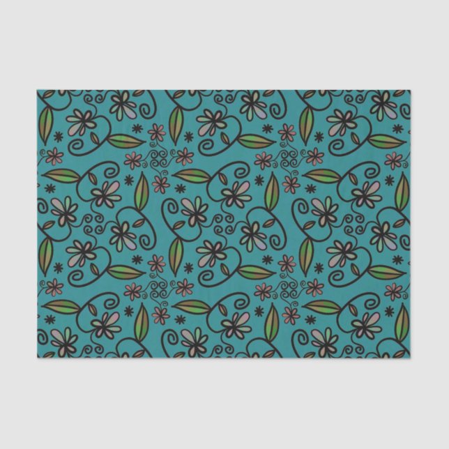 Papier Mousseline Cute Floral Pattern Teal (Recto)