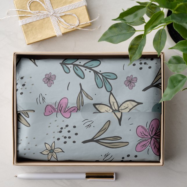 Papier Mousseline Cute Flowers and Leaves illustrated Pattern Blue (Cadeau)