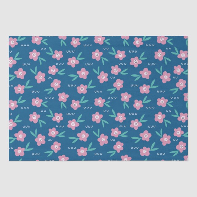 Papier Mousseline Cute Girly Blue & Rose Floral (Recto)