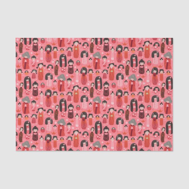 Papier Mousseline Cute Illustré japonais Kokeshi rose (Recto)