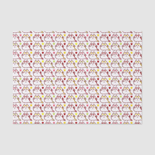 Papier Mousseline Cute Kawaii Chats et Coeurs Motif (Recto)