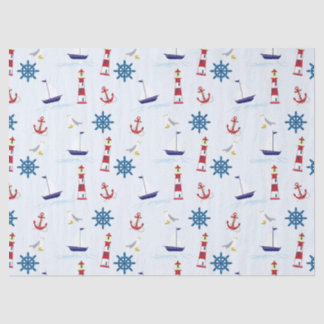 Papier Mousseline Cute Nautical Lighthouse Navire et Sea Gull bleu
