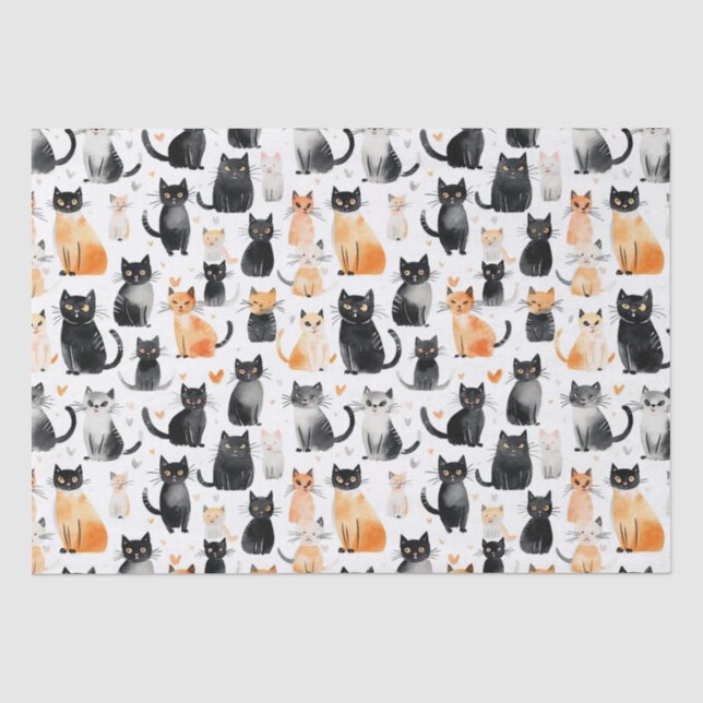 Papier Mousseline Cute Orange Blanc Noir Chats Anniversaire (Recto)