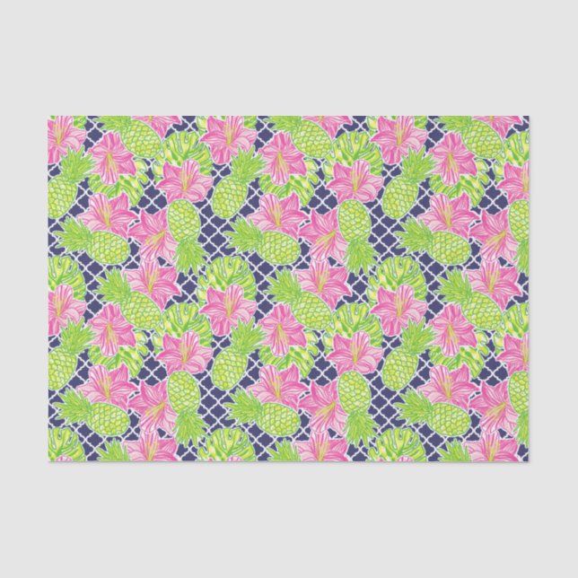 Papier Mousseline Cute Palm Beach Fleurs Tropicales & Ananas (Recto)
