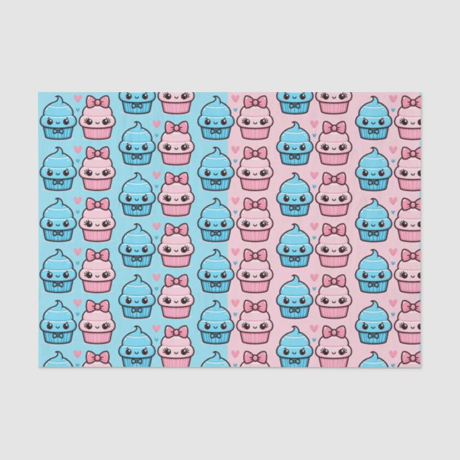 Papier Mousseline Cute Rose ou Bleu Genre Révéler Cupcakes (Recto)