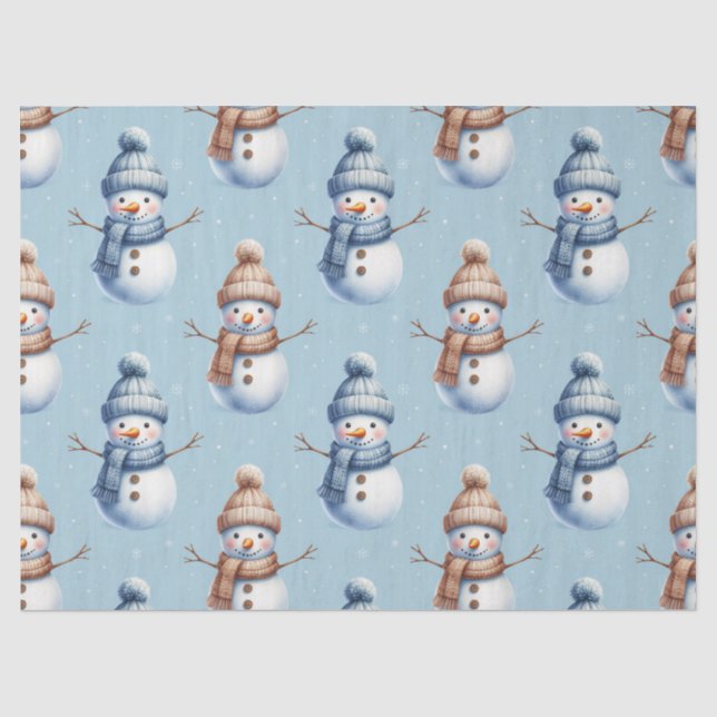 Papier Mousseline Cute Snowman Blue Snowy Background Christmas (Recto)