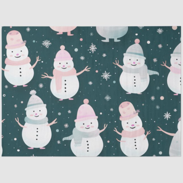 Papier Mousseline Cute Snowmen Snowflakes Pastel Noir Noël (Recto)