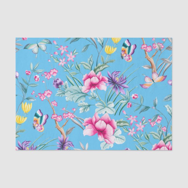 Papier Mousseline Cute Turqoise Floral & Papillons Motif (Recto)