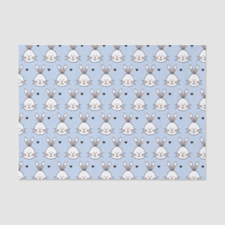 Papier Mousseline Cute White Bunny Faces and Hearts Pattern Blue