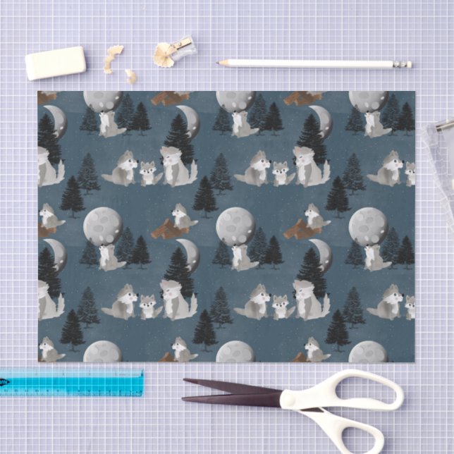 Papier Mousseline Cute Wolf Pack Woodland Night Sky Moon (Artisanat)