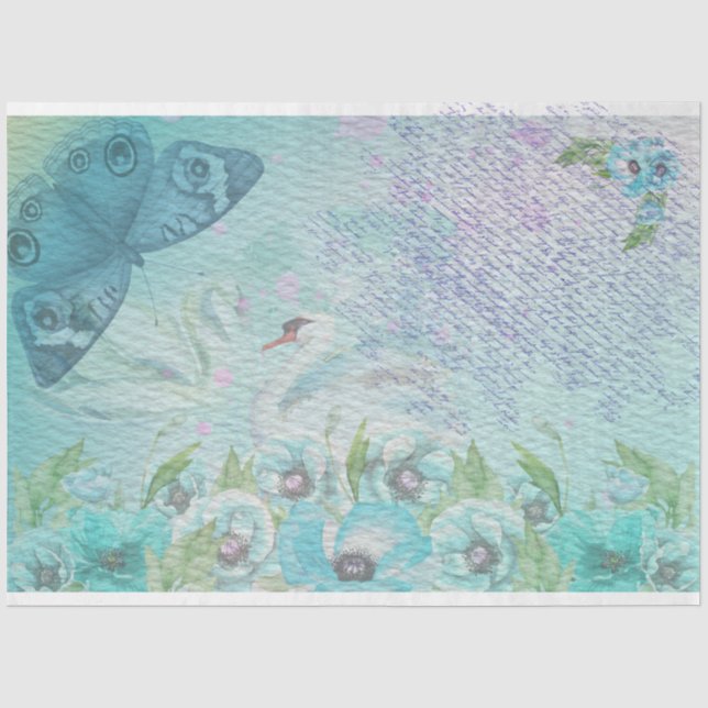 Papier Mousseline Cygne bleu et papillon aquarelle (Recto)