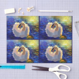 Papier Mousseline Cygne flottant sur l'eau éclairée Bleu Blanc Décou