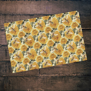 Papier Mousseline Dahlias dorés vintages et motifs floraux des abeil