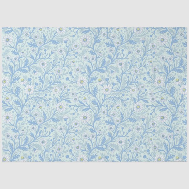 Papier Mousseline Daisies in white and blue on sea glass (Recto)