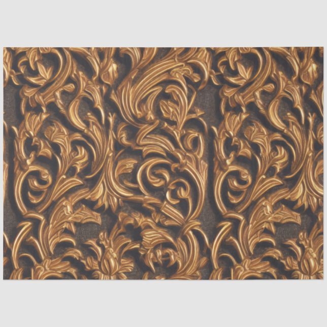 Papier Mousseline Damas baroque doré sur cuir foncé (Recto)