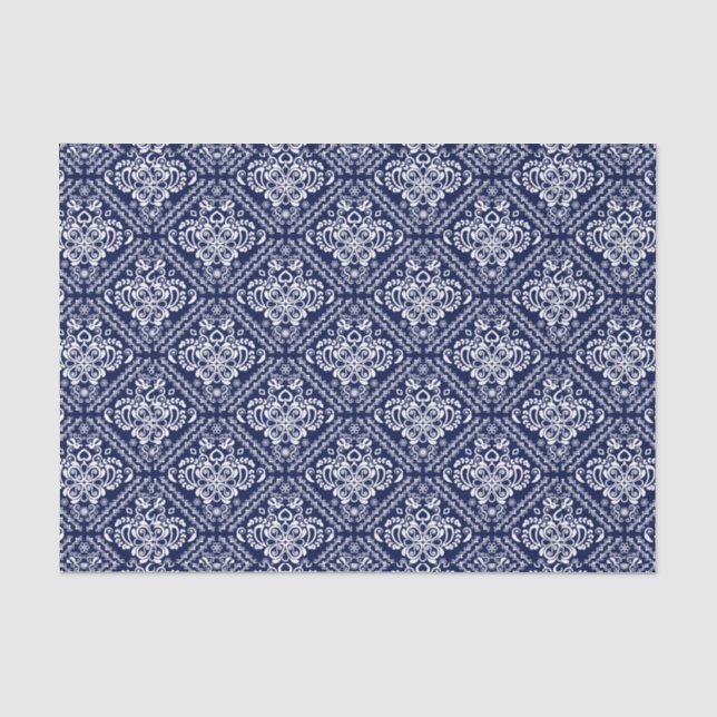 Papier Mousseline Damas florales blanches et Arrière - plan bleu (Recto)