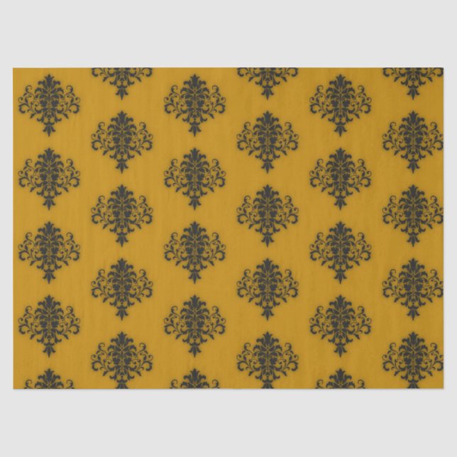 Papier Mousseline Damas noir sur motif jaune moutarde (Recto)