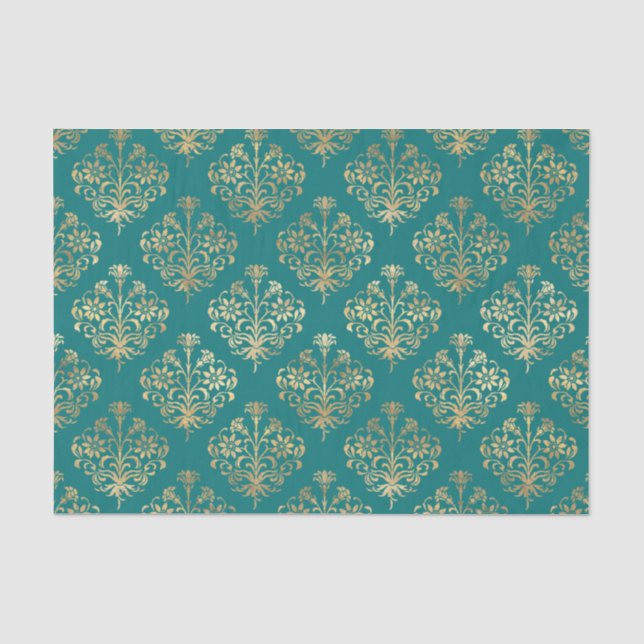 Papier Mousseline Damas turquoise et or (Recto)