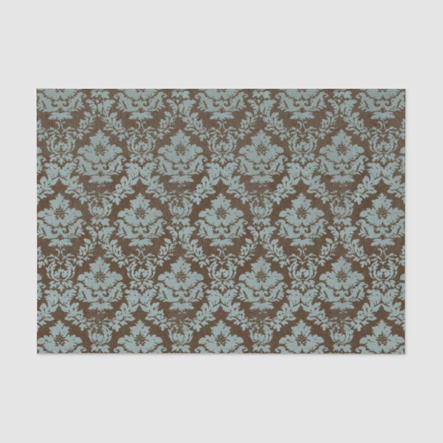 Papier Mousseline Damassé affligée Teal sur floral Brown (Recto)