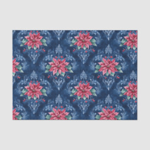 Papier Mousseline Damassé bleu foncé aux fleurs d'euphorbe rouge